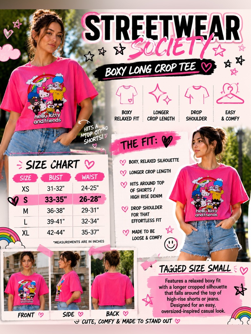 Hello Kitty Sanrio Boxy Crop Graphic Tee Pink Sz S Kawaii Y2K Harajuko Soft Girl - Picture 8 of 16